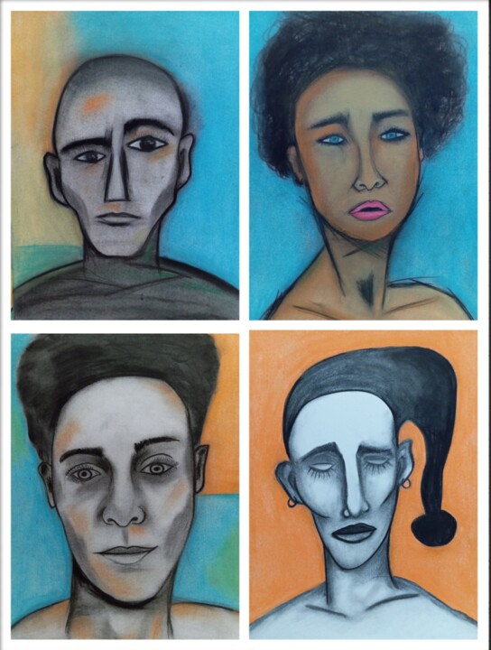 Dessin intitulée "Faces desconhecidas" par Marcos Bastos, Œuvre d'art originale, Fusain