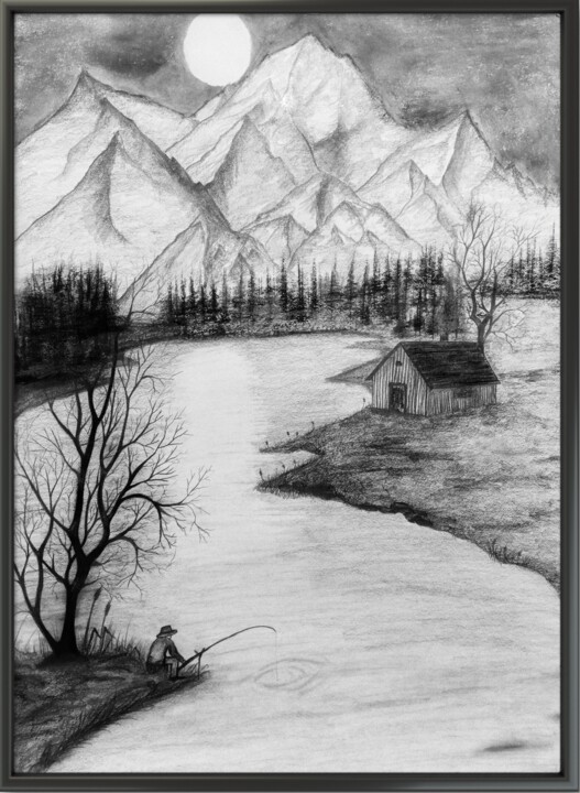 Desenho intitulada "O pescador" por Marcos Bastos, Obras de arte originais, Carvão