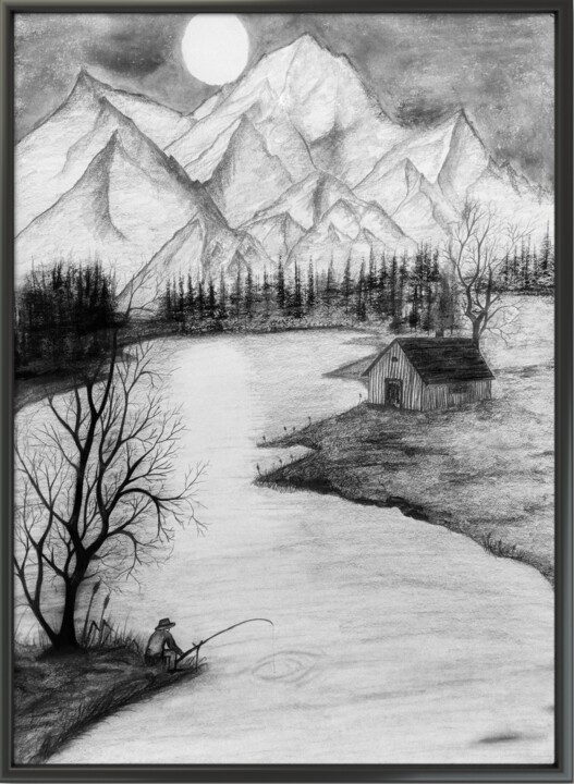 Drawing titled "O pescador" by Marcos Bastos, Original Artwork, Charcoal