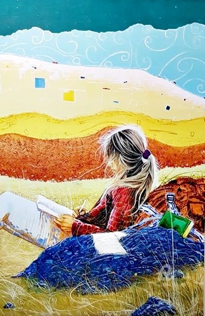 Painting titled "A menina e o livro." by Marcos Costa, Original Artwork, Acrylic
