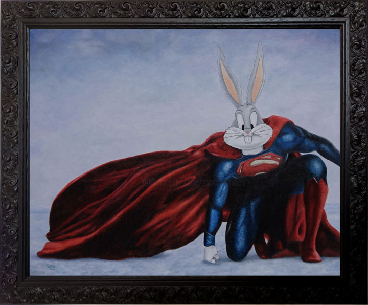 Painting titled "Bunny of steel" by Marco Santos, Original Artwork, Oil Mounted on Wood Stretcher frame