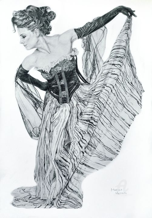 Drawing titled "Woman with a skirt" by Marcos Herrera, Original Artwork, Pencil