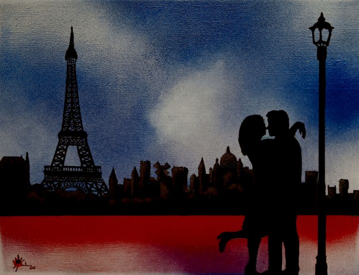 Painting titled "Amoureux de Paris V" by Marc Parmentier, Original Artwork, Acrylic Mounted on Wood Stretcher frame