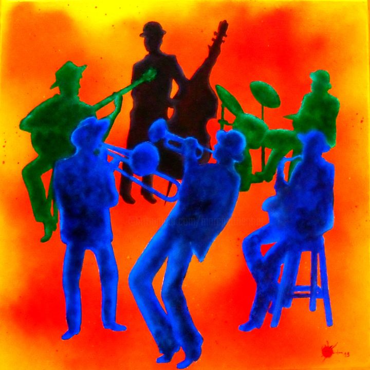 Painting titled "Jazz en feu III" by Marc Parmentier, Original Artwork, Spray paint Mounted on Wood Stretcher frame