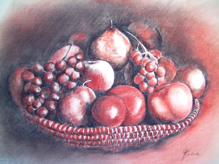 Σχέδιο με τίτλο "Corbeille de fruits" από Marc Parmentier, Αυθεντικά έργα τέχνης, Κοντέ