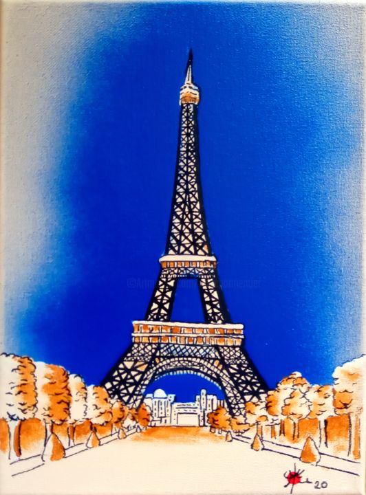 Painting titled "Tour Eiffel II" by Marc Parmentier, Original Artwork, Acrylic Mounted on Wood Stretcher frame