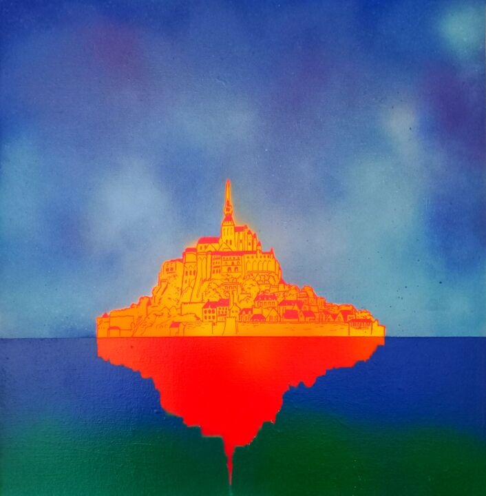 Painting titled "Mont Saint Michel" by Marc Parmentier, Original Artwork, Spray paint Mounted on Wood Stretcher frame