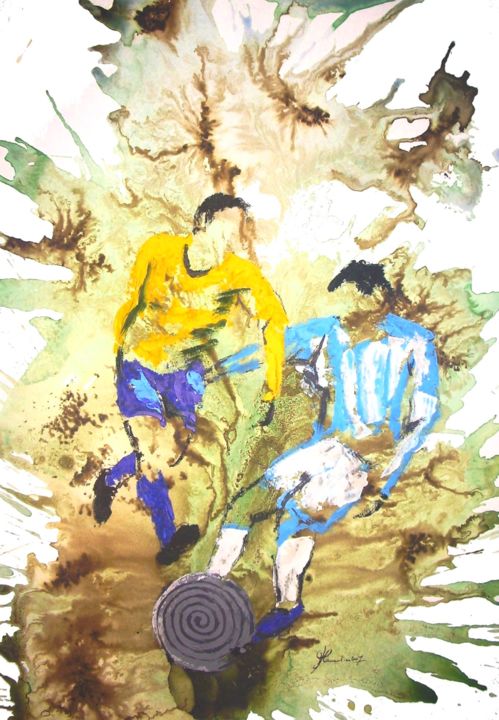 Painting titled "World cup" by Marc Parmentier, Original Artwork, Watercolor Mounted on Cardboard
