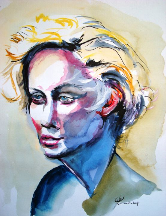 Painting titled "Charlize THERON" by Marc Parmentier, Original Artwork, Watercolor