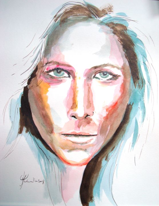 Painting titled "Jennifer ANNISTON" by Marc Parmentier, Original Artwork, Watercolor