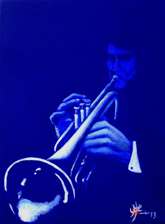 Peinture intitulée "Trompette bleue" par Marc Parmentier, Œuvre d'art originale, Acrylique Monté sur Châssis en bois