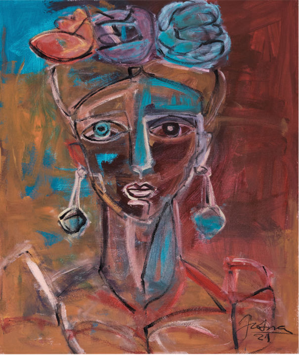 Malerei mit dem Titel "Frida em Vermelho,…" von Marcus Jacobina, Original-Kunstwerk, Acryl
