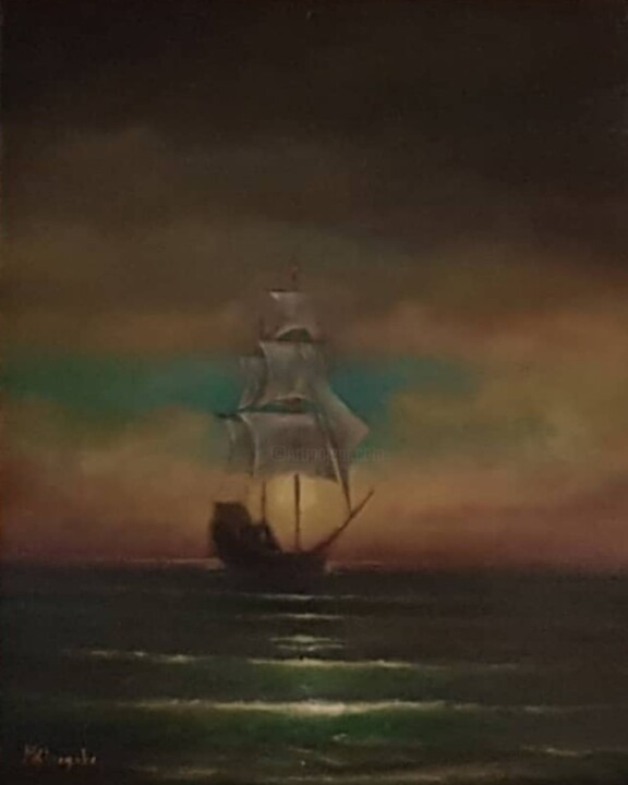 Malarstwo zatytułowany „bajkowy okręt w świ…” autorstwa Marek Klaryska, Oryginalna praca, Olej Zamontowany na Drewniana rama…