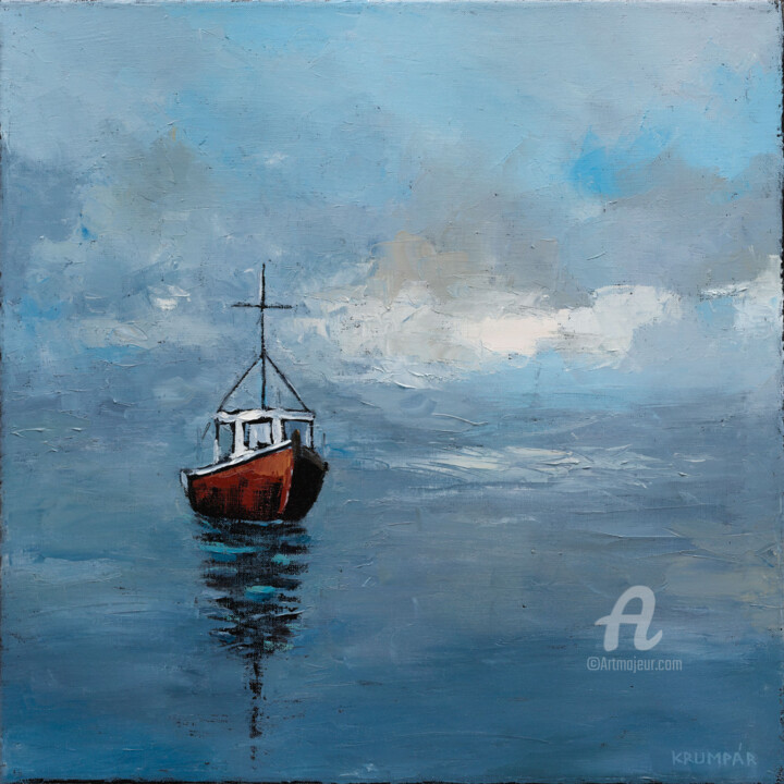Painting titled "Red boat" by Marek Krumpar, Original Artwork, Oil
