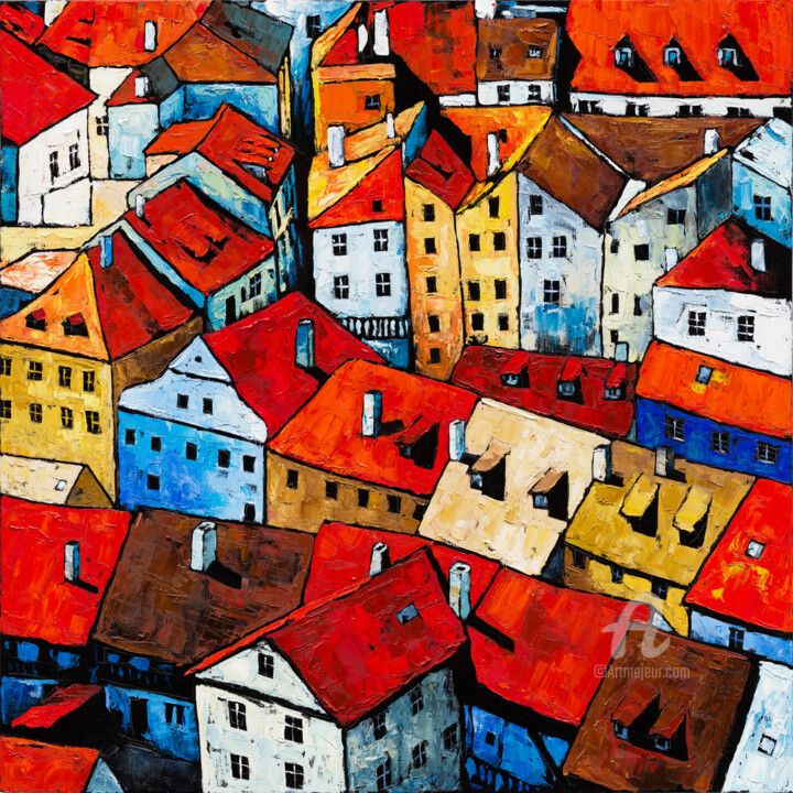제목이 "Red roofs"인 미술작품 Marek Krumpar로, 원작, 기름