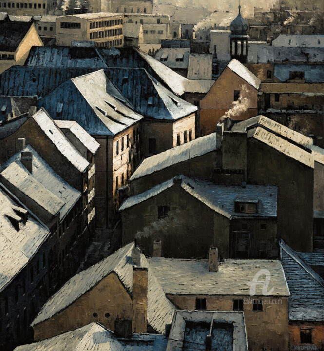 Painting titled "Roofs" by Marek Krumpar, Original Artwork, Oil Mounted on Wood Stretcher frame