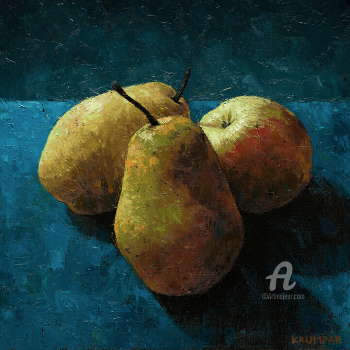 Painting titled "Pears with apple" by Marek Krumpar, Original Artwork, Oil Mounted on Wood Stretcher frame