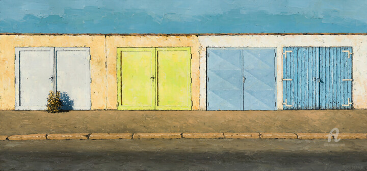 Painting titled "Garages" by Marek Krumpar, Original Artwork, Oil Mounted on Wood Stretcher frame