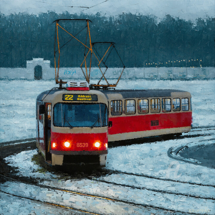 Painting titled "Tram no. 22" by Marek Krumpar, Original Artwork, Oil