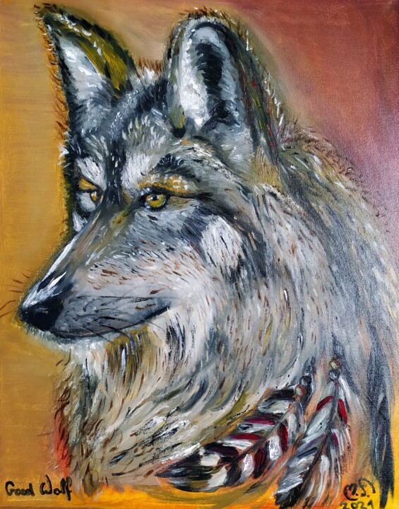 Painting titled ""Good Wolf"" by Marek Spetel, Original Artwork, Oil Mounted on Wood Stretcher frame