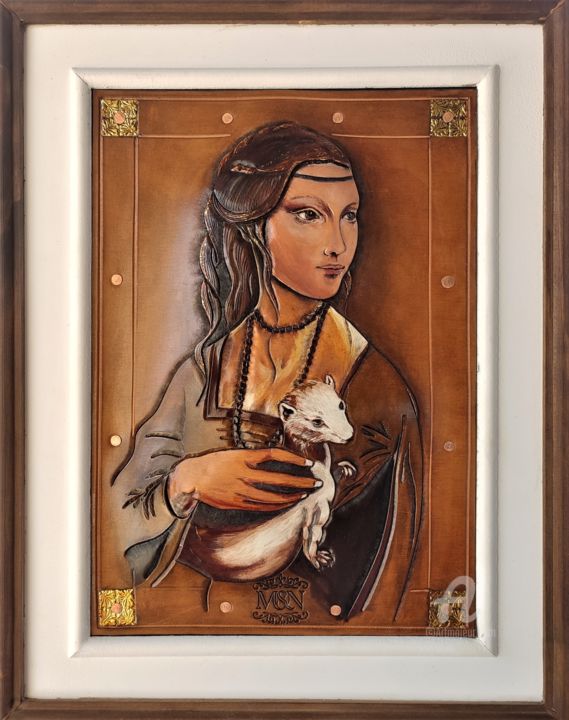 Peinture intitulée "Dame à l'hermine fa…" par Margaery, Œuvre d'art originale, Cuir Monté sur Panneau de bois