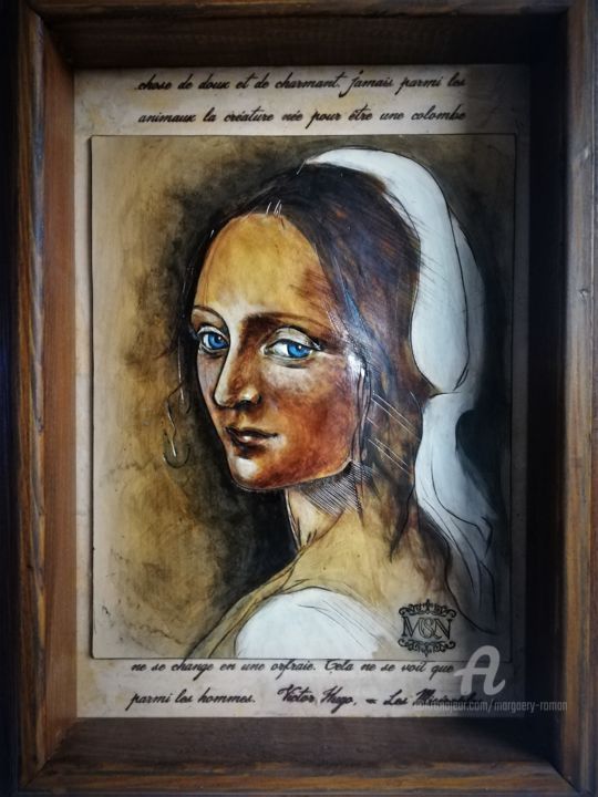 Peinture intitulée "Portrait sur cuir,…" par Margaery, Œuvre d'art originale, Acrylique Monté sur Panneau de bois