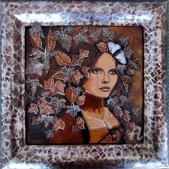 Painting titled "Hedera, portrait en…" by Margaery, Original Artwork, Leather Mounted on Other rigid panel