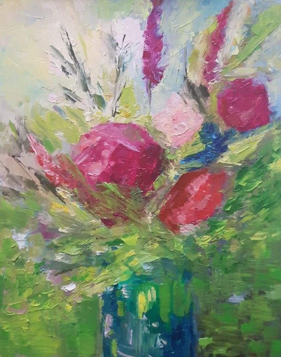 Painting titled "Flowers - red" by Marga Natzer, Original Artwork, Oil