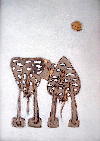 Schilderij getiteld "vacas-con-luna-50x7…" door Marga Portela, Origineel Kunstwerk