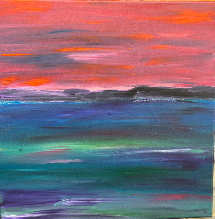 Painting titled "Sunset over lake-" by Margaret Allen, Original Artwork, Acrylic