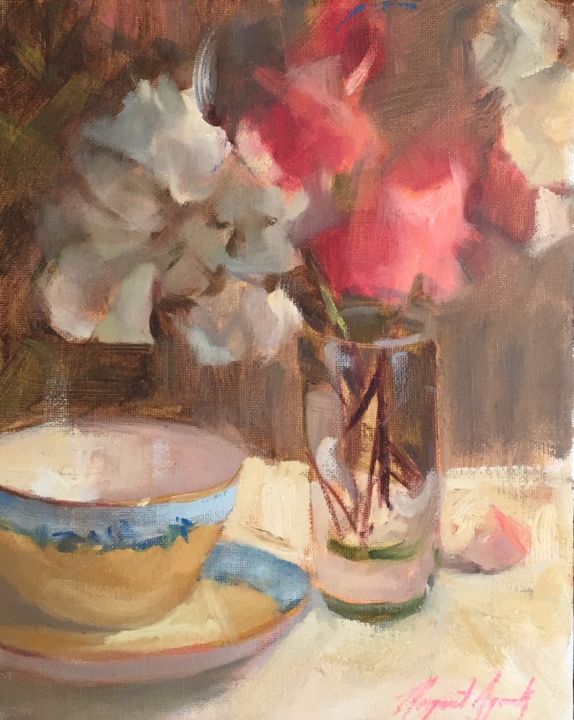 Painting titled "Tea Cup and Bougain…" by Margaret Aycock, Original Art, Oil