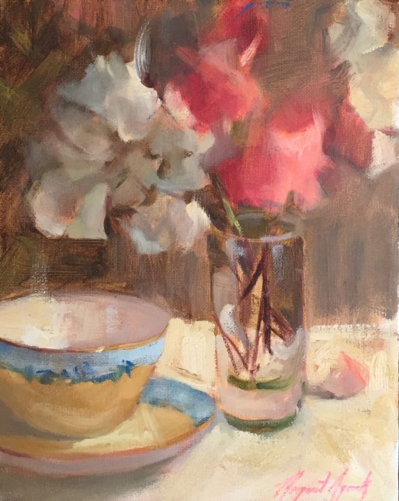 Peinture intitulée "Tea Cup and Bougain…" par Margaret Aycock, Œuvre d'art originale, Huile