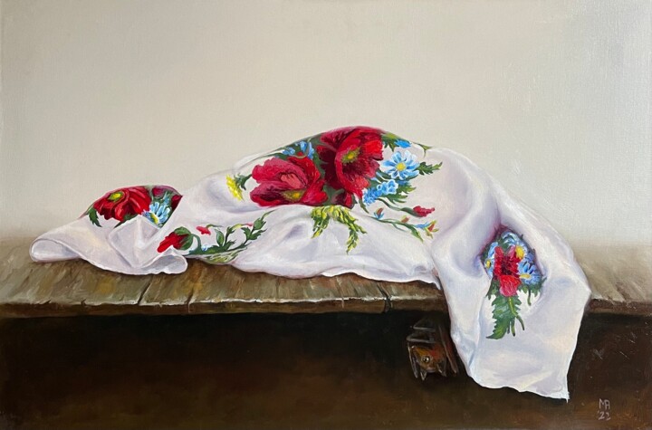 Painting titled "Granny's scarf" by Margarita Ado, Original Artwork, Oil
