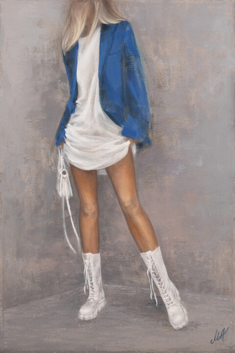 Painting titled "Blue jacket" by Margarita Alimova, Original Artwork, Acrylic Mounted on Wood Stretcher frame