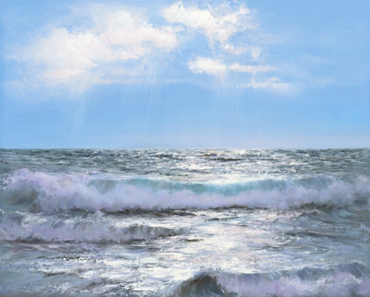 Painting titled "Seascape, oil paint…" by Margarita Alimova, Original Artwork, Oil Mounted on Wood Panel