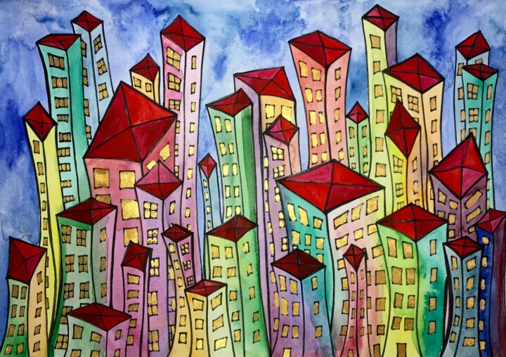 Drawing titled "Happy City" by Margarita Bonke, Original Artwork, Watercolor