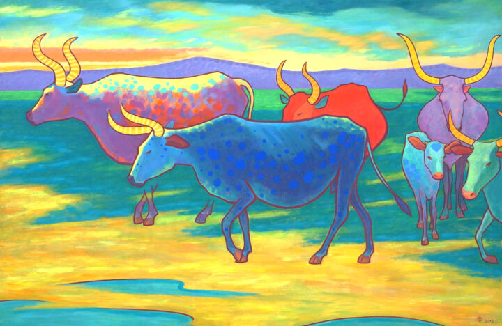 Pittura intitolato "Cows" da Margarita Felis, Opera d'arte originale, Acrilico