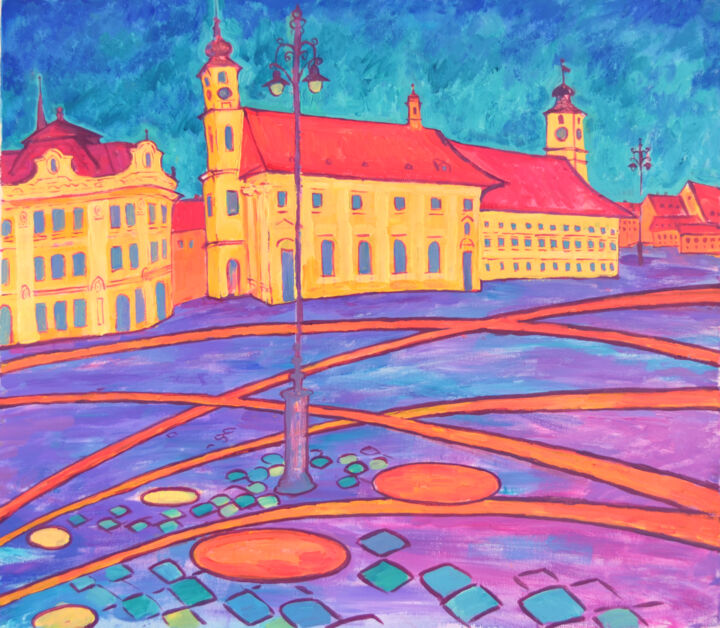Painting titled "Square in Sibiu" by Margarita Felis, Original Artwork, Acrylic