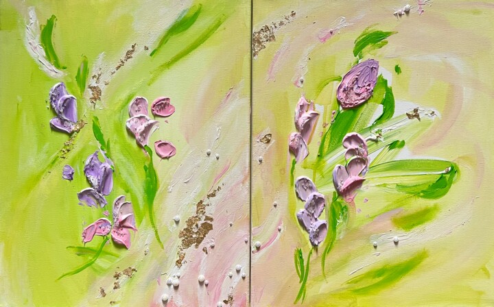 Картина под названием "Tulips and pearls" - Margarita Glambert, Подлинное произведение искусства, Акрил Установлен на Деревя…
