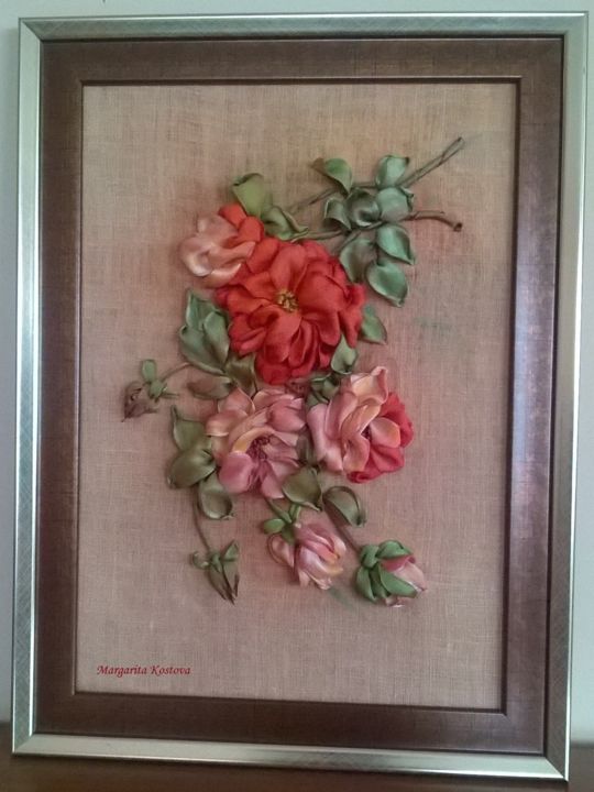 Artcraft titled "Roses.Embroidered p…" by Margarita Kostova, Original Artwork, Home Décor