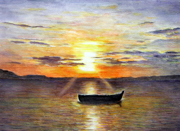 Painting titled "tramonto-con-barca.…" by Margherita Cavassa, Original Artwork, Watercolor