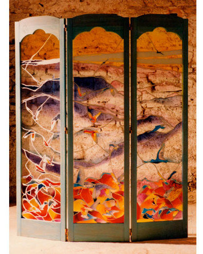 Pittura intitolato "Volo di pappagalli…" da Studio D'Arte, Opera d'arte originale, Pittura di vetro colorato