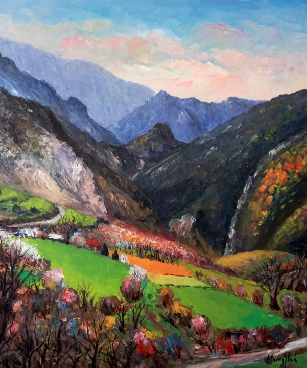 Painting titled "village of Albania" by Aleks Margjini, Original Artwork, Oil