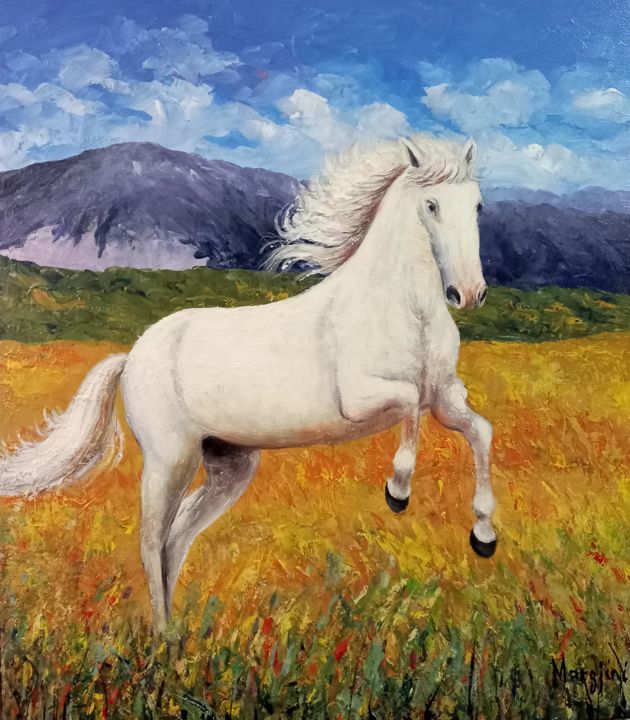 Painting titled "white horse" by Aleks Margjini, Original Artwork, Oil