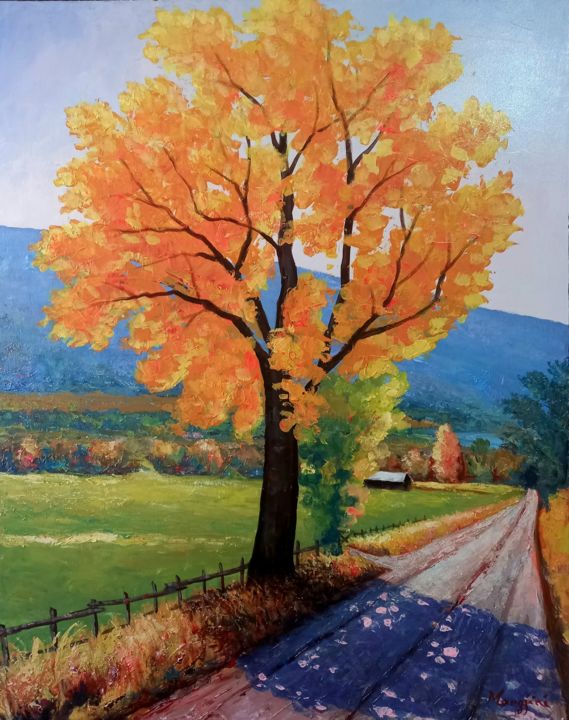 Painting titled "Autumn in the villa…" by Aleks Margjini, Original Artwork, Oil
