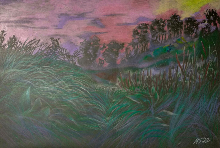 Drawing titled "Landscape fog Sunse…" by Margo Miro, Original Artwork, Pencil