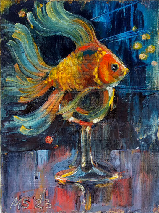 绘画 标题为“Glass fish” 由Margo Miro, 原创艺术品, 油 安装在纸板上