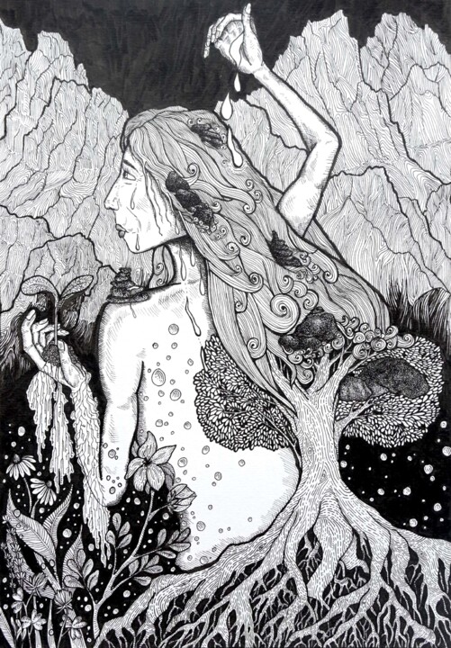 Dessin intitulée "Mother Nature takin…" par Margot Thuy, Œuvre d'art originale, Marqueur