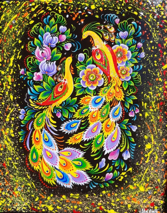 绘画 标题为“Oiseaux de Feu: tal…” 由Marguerite Maliuga, 原创艺术品, 丙烯 安装在木质担架架上
