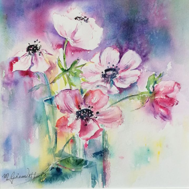 Painting titled "Anémones, aquarelle…" by Mgs, Original Artwork, Watercolor